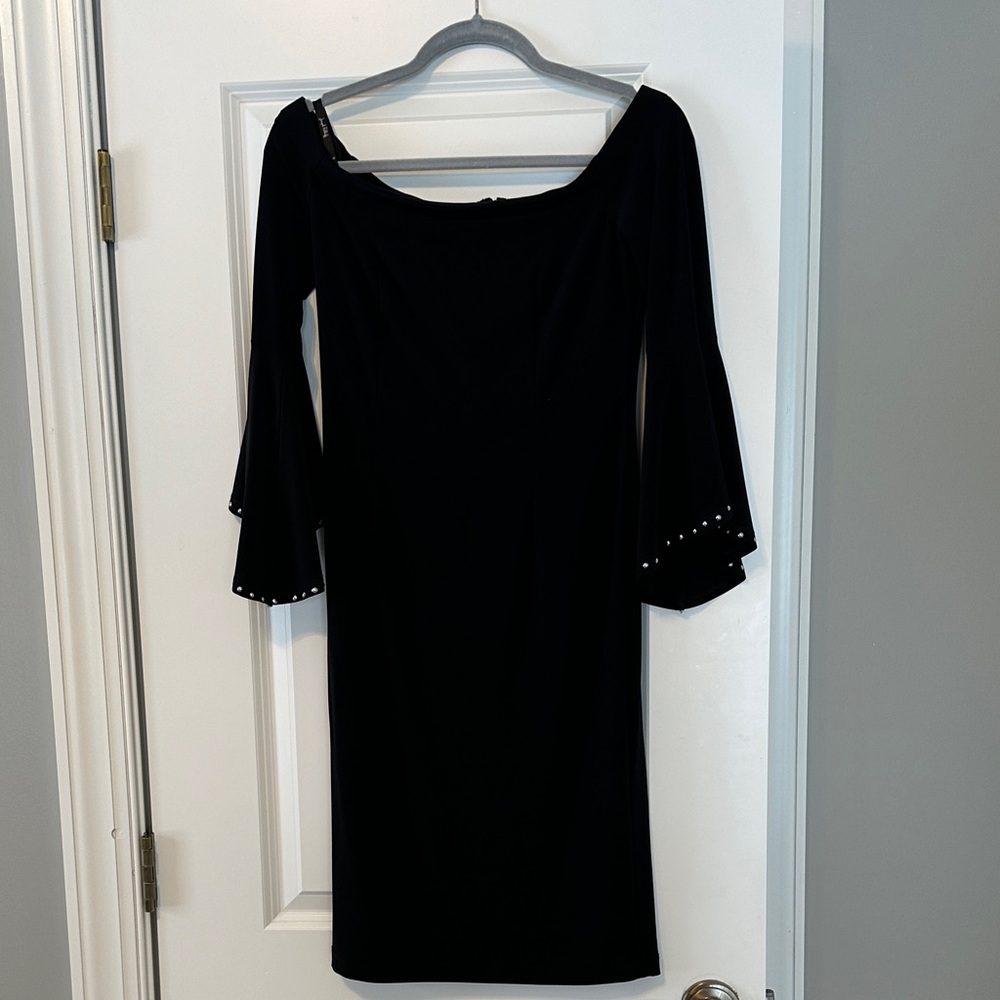 Joseph Ribkoff Black Dress with Pearl Sleeve Detail